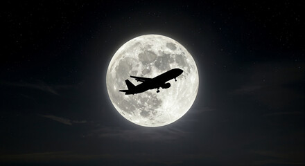  Airplane silhouette taking off against a huge, bright full moon and a dramatic starry night sky