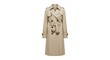 © hena - A classic beige double-breasted trench coat with a belted waist and button details, presented against a white background.