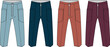 © Ayesha - Four pairs of casual unisex cargo pants in different colors including blue, dark blue, orange, and purple