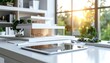 © Dimas - Modern White Architectural Model of a Two Story House with Large Windows and Greenery in Sunlight