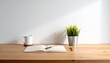 © Samantha Blythe - Minimalist desk setup with succulent, mug, and notebooks—evoking calm productivity, clean design, and intentional workspace aesthetics.