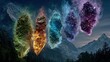 © Dawna - Six colorful crystals float in a row above a landscape with mountains.