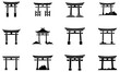 © Raxzen - Torii Gate Silhouette Icon Set, Japanese Shrine Entrance Graphics, Traditional Architecture Vector, Cultural Symbol, Black Flat Design Illustration for Sacred Style Projects