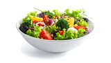 A delicious bowl of fresh mixed vegetable salad with lettuce, tomatoes, and olives, isolated on a clean white background for healthy eating concepts