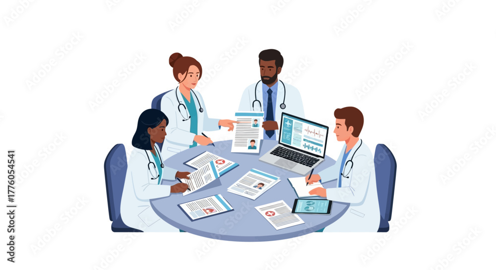 Healthcare professionals collaborating on patient records and medical ...