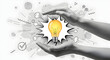 © Ahmed - Inspiring glowing light bulb idea concept protected by hands, symbolizing innovation and creativity, presented with dynamic comic book style graphics for modern business themes.