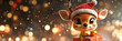 © syhin_stas - Christmas funny cheerful deer in hat and gift holiday character, 3d illustration, playful pose isolated on christmas background bokeh, space for text