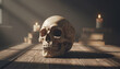 © Tatyana - Human skull placed on wooden table with candles and books in light