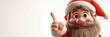 © syhin_stas - funny cheerful elf-gnome in santa hat Christmas character with surprise face pointing finger to the side, 3d illustration, playful holiday pose, isolated on white background with copy space