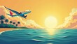 © Denis - Colorful airplane flying over tropical ocean at sunset in vibrant travel poster style