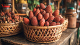 Fresh snake fruit salak in a wicker basket at a traditional market, close-up of exotic tropical food