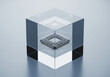 © Yohnsons - Microchip or CPU encased in a clear glass cube, representing quantum computing, data storage, and future technology against a light gray background