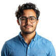 © MSTSHOHADAISLAM - Close-up portrait of young handsome smiling man wearing blue shirt and glasses isolated on white transparent background