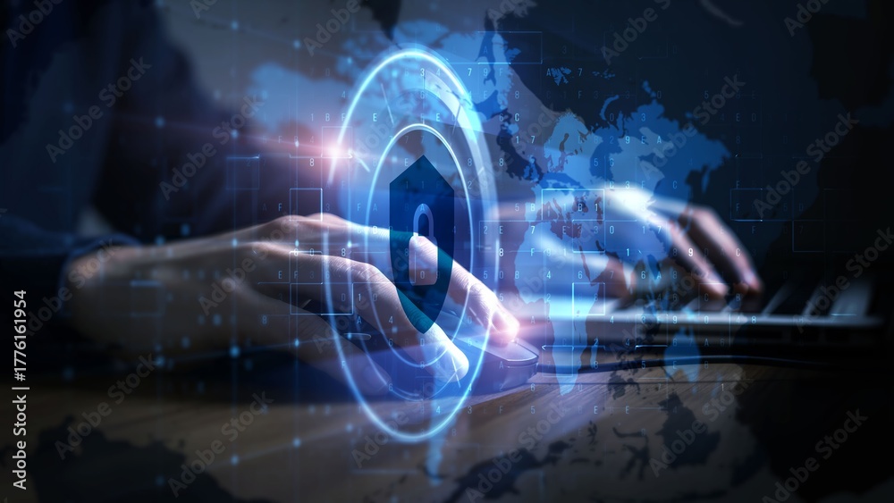 Cyber Security Digital World With Hands Typing on Computer Keyboard and ...