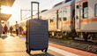 © Valeriy - Compact rolling suitcase beside departing train at sunny platform, travel essentials