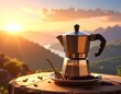 © ytrfbv - Metallic coffee maker with beans atop table, sunrise mountain background