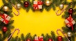 © Aminul - Christmas background with presents and ornaments on bright yellow surface