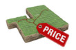 © Vibu design  gallery - Isometric land plots with a grid pattern, green grass, connected by a red string to a 'PRICE' tag, symbolizing real estate valuation. background removed