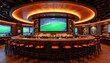 © Vadym - Modern sports bar with multiple screens showing soccer game. Wooden bar counter with bottles of alcohol. Red bar stools arranged around counter for friends enjoying drinks.