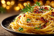 © Aleksej - Italian spaghetti aglio e olio with garlic olive oil chili flakes and parmesan served on black plate