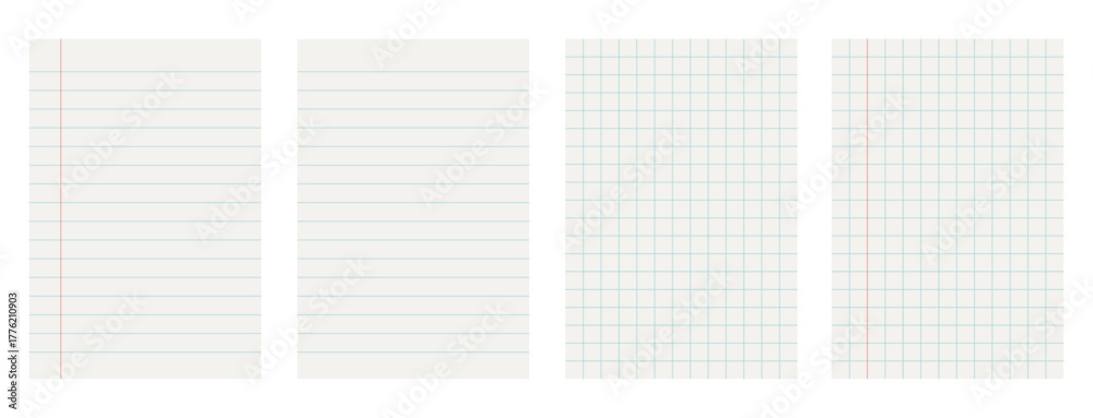 Set of paper sheets from a notepad,paper sheets with lines and cells ...