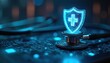 © Vadym - Stethoscope lies with medical shield on dark tech background. Digital cross in healthcare symbolises data protection. Represents importance for cybersecurity, telehealth, patient information safety