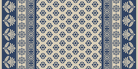   Traditional ethnic floral embroidery pattern with beige motifs on blue background, inspired by Indian saree textile design, perfect for clothing, carpet, fabric, decoration, and fashion artwork.