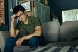 © panitan - domestic,sad serious illness man.depressed emotion panic attacks alone sick people fear stressful.stop abusing violence,help person with health anxiety,thinking bad frustrated exhausted