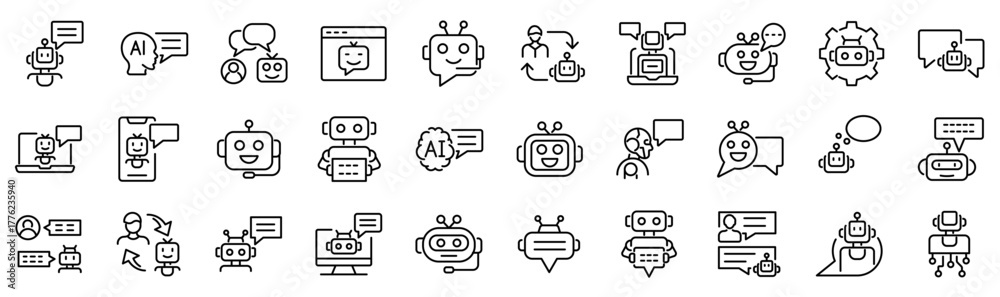Set of 30 outline icons related to chatbot. Linear icon collection ...