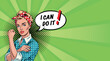 © дима селиванов - Pop art illustration of a beautiful and strong girl. 'We Can Do It'. Colorful vector background in retro comic style.