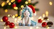 © ZANNATUL - Cute unicorn toy wearing a santa hat with festive christmas lights and ornaments