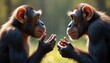 © Vadym - Two chimpanzees engage in close communication outdoors. Intently face, using expressive hand gestures. Apes appear to deep conversation serious discussion in nature, showing intelligent interaction,