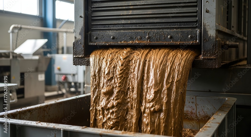 Industrial Waste Processing: Brown Sludge Flowing into Container ...