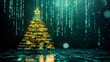 © Yuliia - Digital Christmas tree made of binary code against green matrix background, symbolizing technology and holiday celebration in cyberspace.