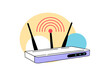 © Tanicsean - Wi-Fi router with three antennas emitting red signal waves, illustrated in minimalist style with pastel colors, isolated on a transparent background