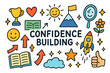 © Влада Яковенко - Confidence Symbols Illustrated. Confidence building. Colorful Hand-drawn doodle Children illustration Confidence building trophy, mountain peak, flag, heart,