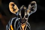 Close up portrait of young striped antelope with large ears against dark background, showing detailed facial features and distinctive markings in dramatic lighting.