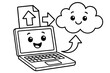 © Coosh448 - Laptop and Cloud. Uploading to the cloud children?s coloring book illustration, outlined drawing, a cheerful laptop sending a file with an arrow toward a
