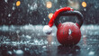 © syhin_stas - Festive red kettlebell wearing Santa hat resting on snowy ground with falling snowflakes, representing seasonal workout motivation and holiday fitness spirit