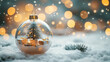 © syhin_stas - Clear glass ornament containing a small snow-dusted Christmas tree with twinkling lights and wrapped gifts, resting on delicate fresh snow, conveying a serene winter holiday atmosphere