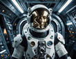 © pixelsmedia - Exploring distant galaxies, a humanoid robot astronaut navigates the intricate confines of a spaceship in pursuit of new