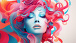 © V Art - Colorful abstract portrait of a woman with flowing hair and surreal features showcasing vibrant artistic expression