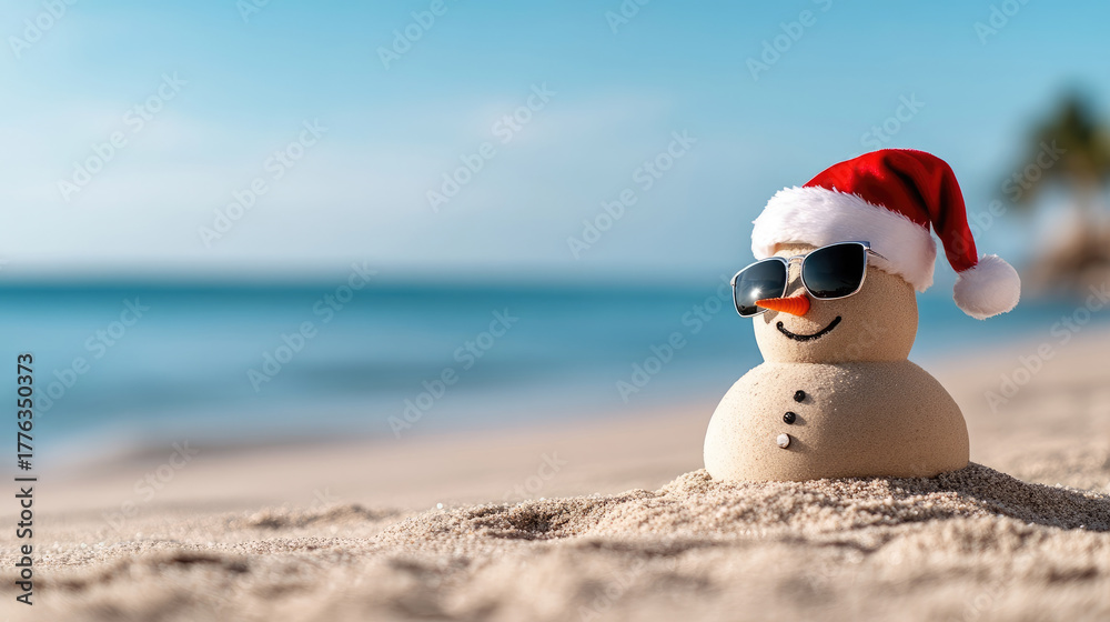 Playful sand snowman with sunglasses and Santa hat on sunny tropical ...