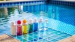 © fashiha - Bottles of Pool Testing Reagents in Front of Blue Swimming Pool