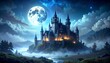 © Goliath - Illuminated castle on a misty hill at night, beneath a bright full moon and a starlit sky