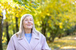© Liubomir - Senior woman relaxing with eyes closed and a gentle smile, feeling the sun on her face in an autumn park with blurred yellow foliage in the background