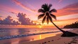 © yusril - Pixelated tropical beach sunset with silhouetted palm tree casting long shadow over wet sand ocean waves crashing ashore with vibrant orange pink clouds and golden sun reflection on calm sea water