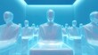 © CYBERPINK - Group of transparent mannequins sitting in a row in a room with a blue background. the room appears to be empty, with no other people or objects in sight.
