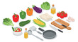 © Maureen - Isometric fresh vegetables and kitchen utensils arrangement for cooking inspiration