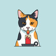 © makhfudhy - Whimsical calico cat guardian of light, holding a burning candle in an original vector graphic, offering warmth and comfort for holiday celebrations